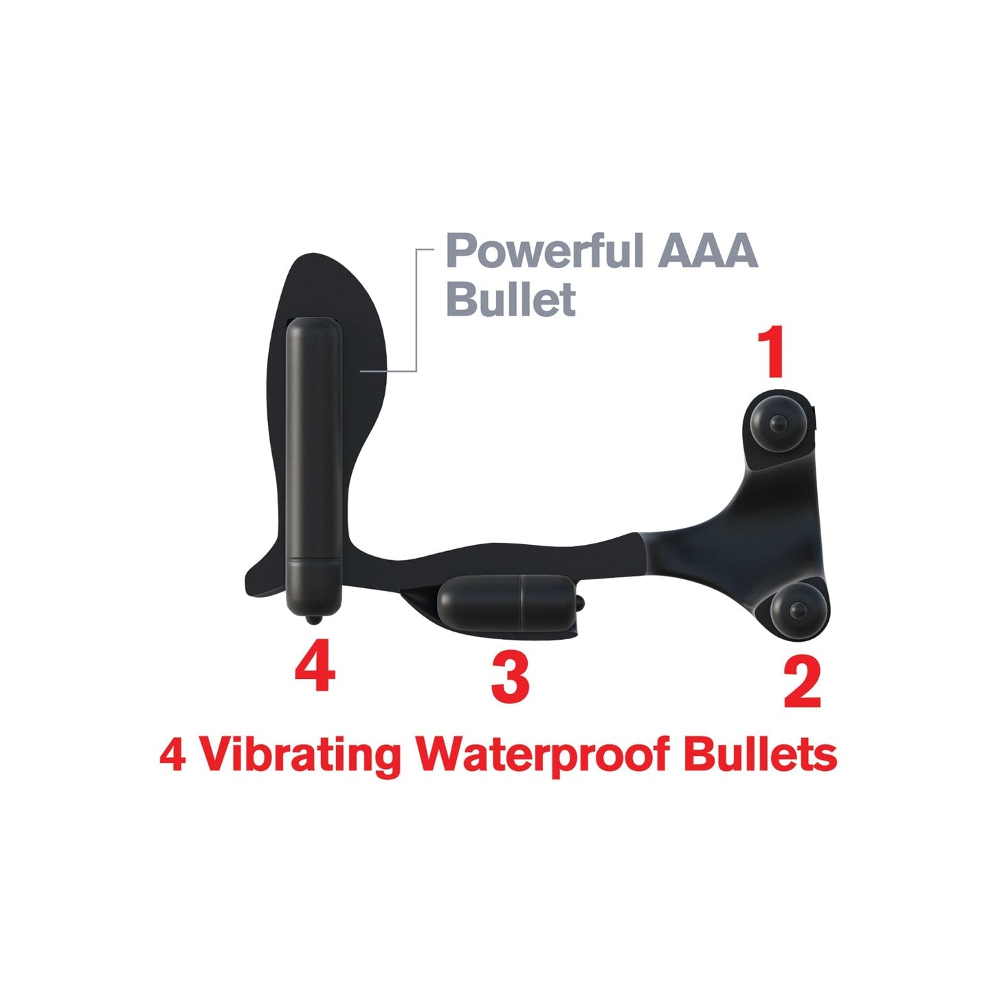 The Fantasy C-Ringz Ultimate Ass Gasm is a sleek black vibrator with four parts: a curved tip, rounded base attachment, central connector, and powerful AAA bullet. Its part of the 4 Vibrating Waterproof Bullets collection in bold red print, designed for optimal pleasure.