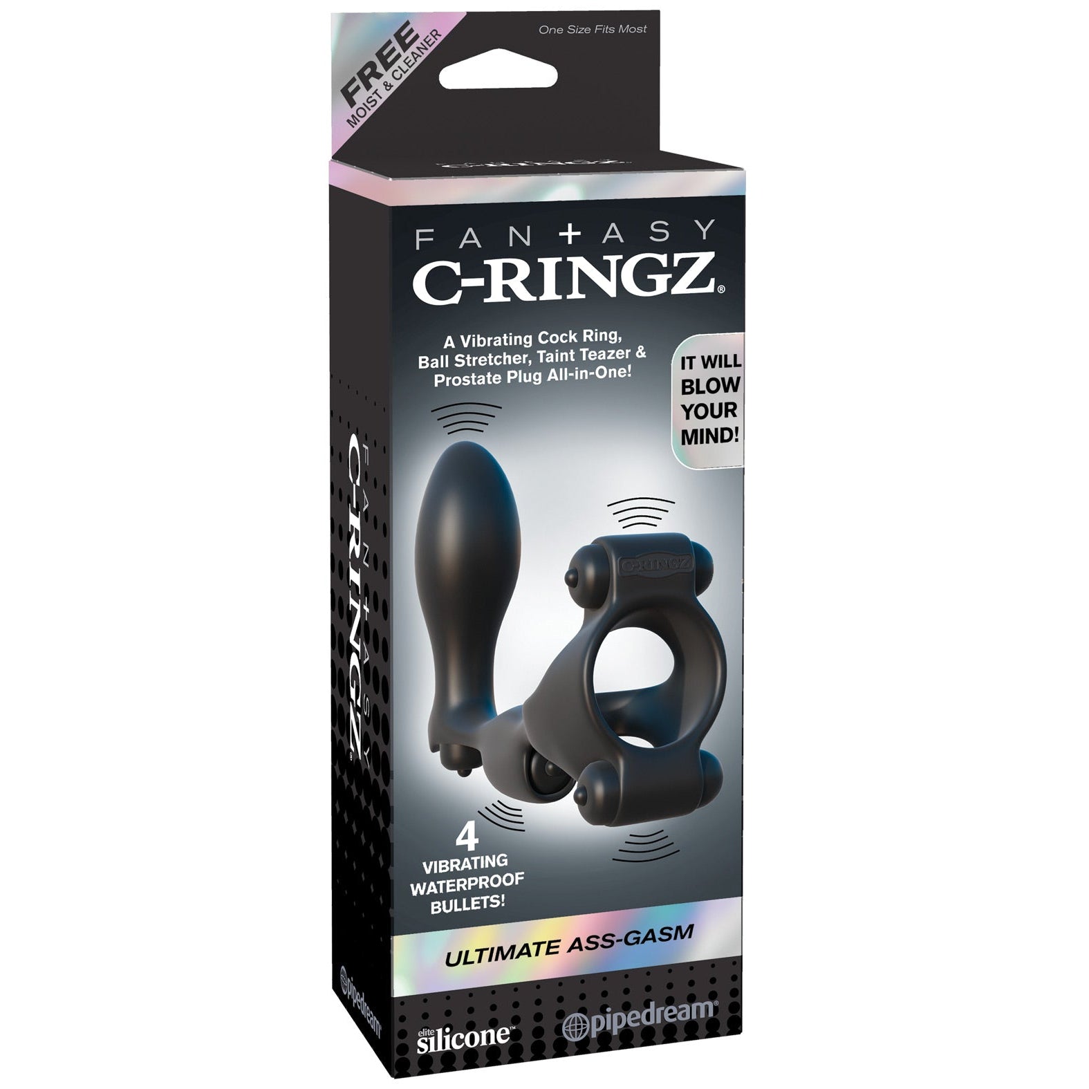 The Fantasy C-Ringz Ultimate Ass Gasm box highlights a vibrating cock ring, ball stretcher, taint teaser, and prostate plug. Its waterproof design and bold text make it perfect for adventurous pleasure seekers.