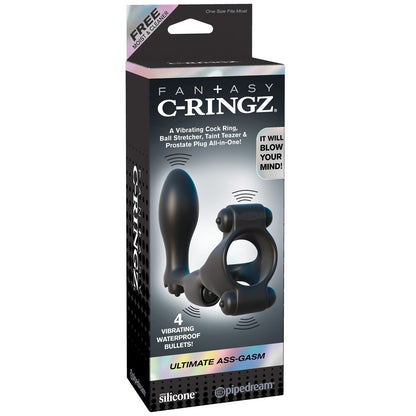 The Fantasy C-Ringz Ultimate Ass Gasm box highlights a vibrating cock ring, ball stretcher, taint teaser, and prostate plug. Its waterproof design and bold text make it perfect for adventurous pleasure seekers.