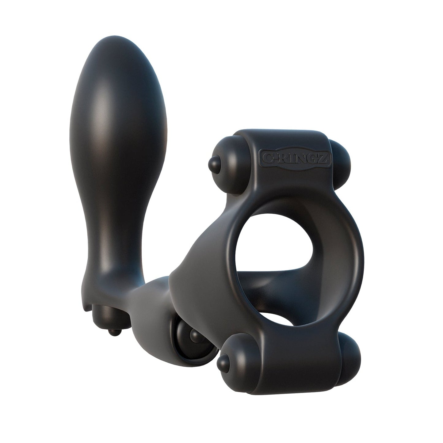 The Fantasy C-Ringz Ultimate Ass Gasm, by Fantasy C-Ringz, is a black silicone dual-purpose adult toy featuring a small prostate plug and cock ring, designed with smooth surfaces and slight curves for ergonomic comfort.