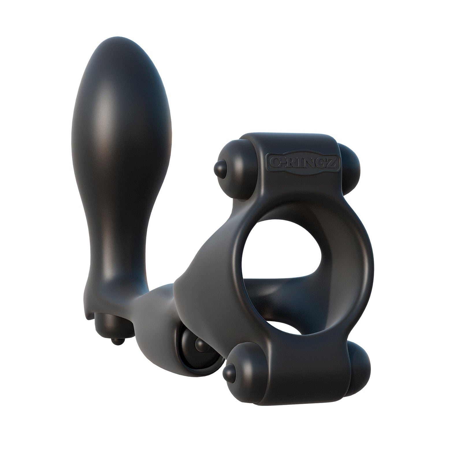 The Fantasy C-Ringz Ultimate Ass Gasm, by Fantasy C-Ringz, is a black silicone dual-purpose adult toy featuring a small prostate plug and cock ring, designed with smooth surfaces and slight curves for ergonomic comfort.