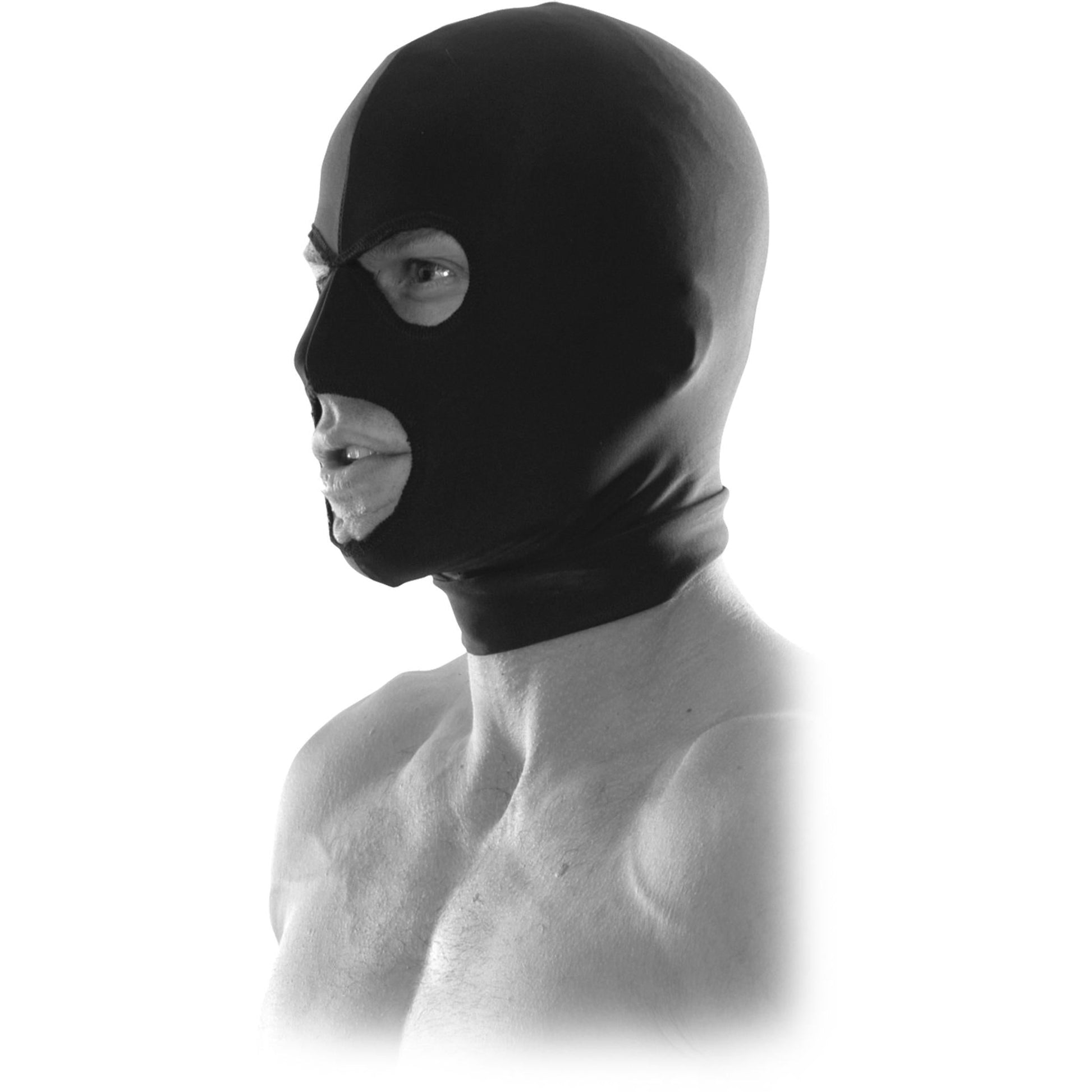 A profile view shows someone wearing the Fetish Fantasy Limited Edition Spandex Hood, which is black with exposed mouth and eye openings. The hood covers their entire head and neck while leaving their bare shoulders visible, effectively concealing their identity against a plain white background.
