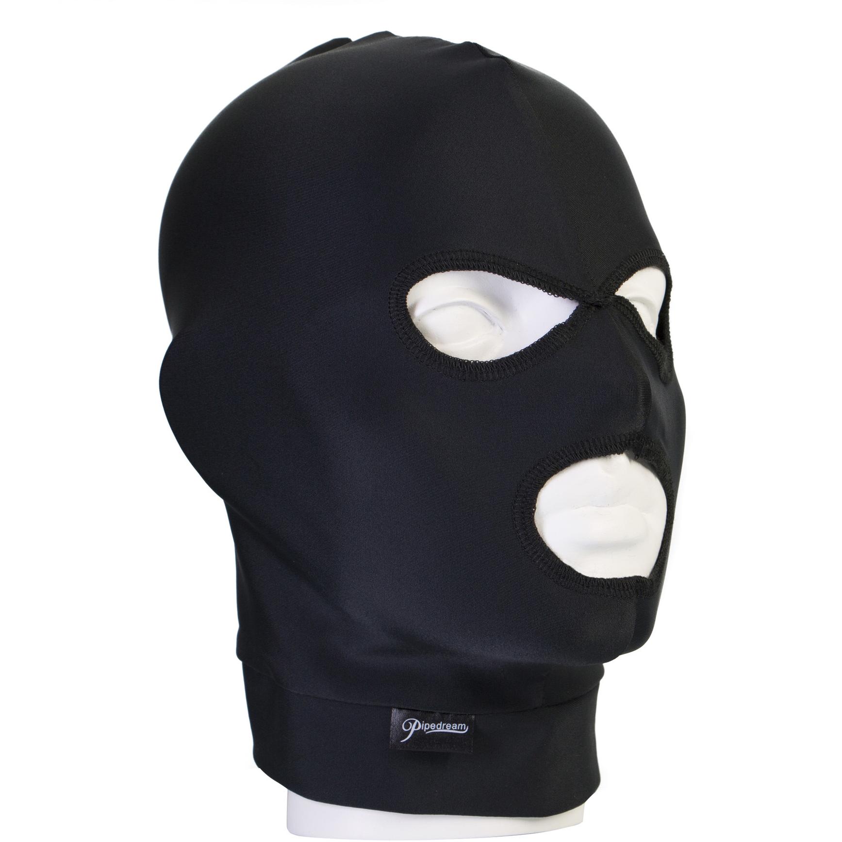 A black Fetish Fantasy Limited Edition Spandex Hood covers a white mannequin head. It has openings for the eyes and mouth, visible edge stitching, and a logo tag near the base.