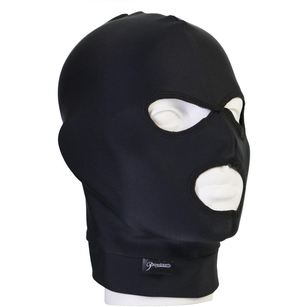 A black Fetish Fantasy Limited Edition Spandex Hood covers a white mannequin head. It has openings for the eyes and mouth, visible edge stitching, and a logo tag near the base.