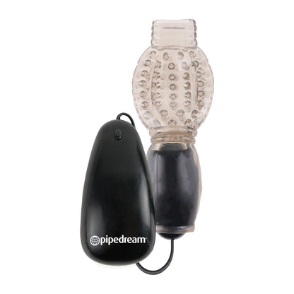 Close-up of Fetish Fantasy Series Vibrating Head Teazer by Pipedream, featuring a transparent textured sleeve with raised bumps for an enhanced blowjob experience. A wire connects it to a black remote control with the Pipedream logo, offering vibrating suction for intensified sensations.