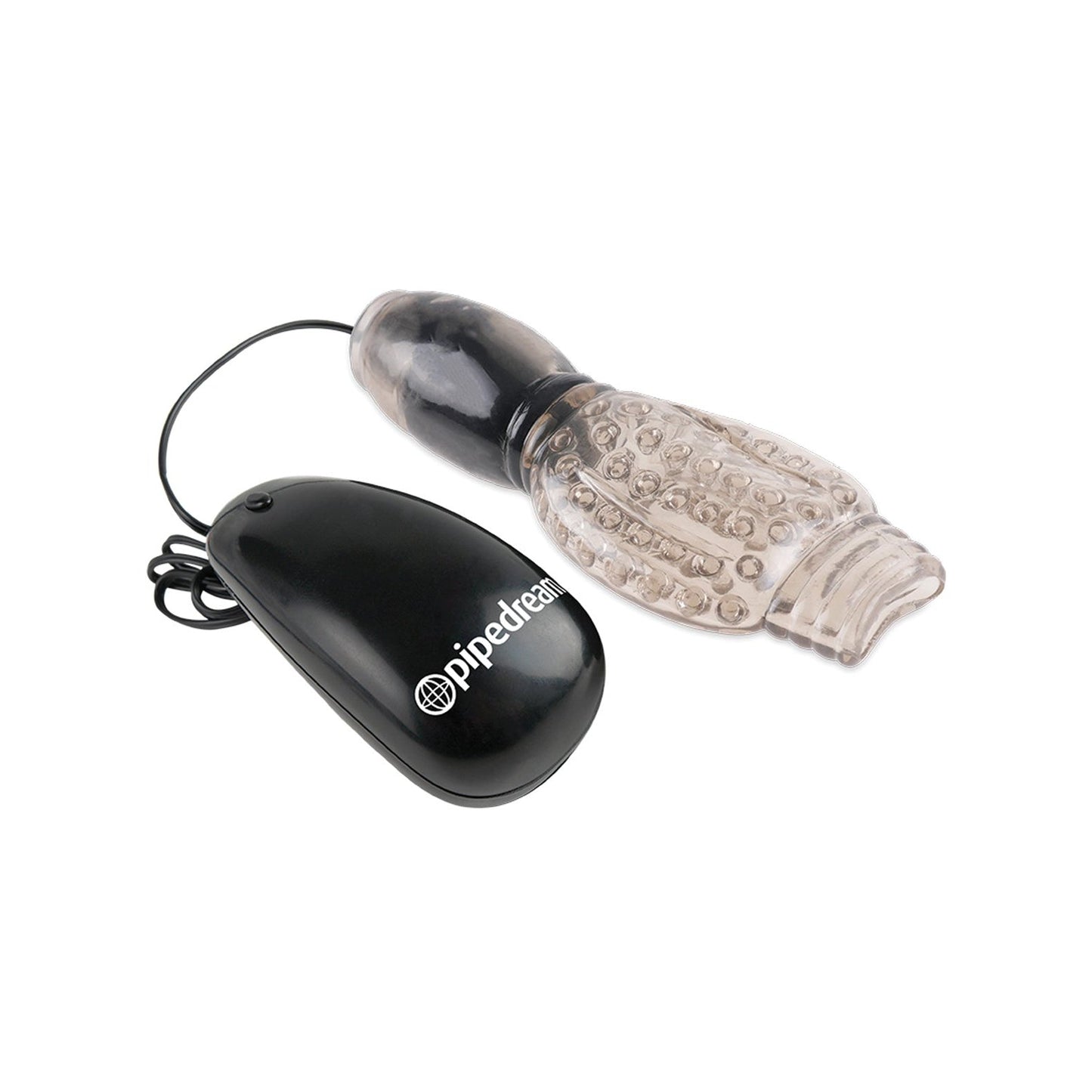 The Pipedream Fetish Fantasy Series Vibrating Head Teazer - Black, a transparent textured vibrator with a wired remote control, enhances your ultimate blowjob experience. It boasts a handheld remote for personalized settings to ensure satisfaction tailored to your desires.