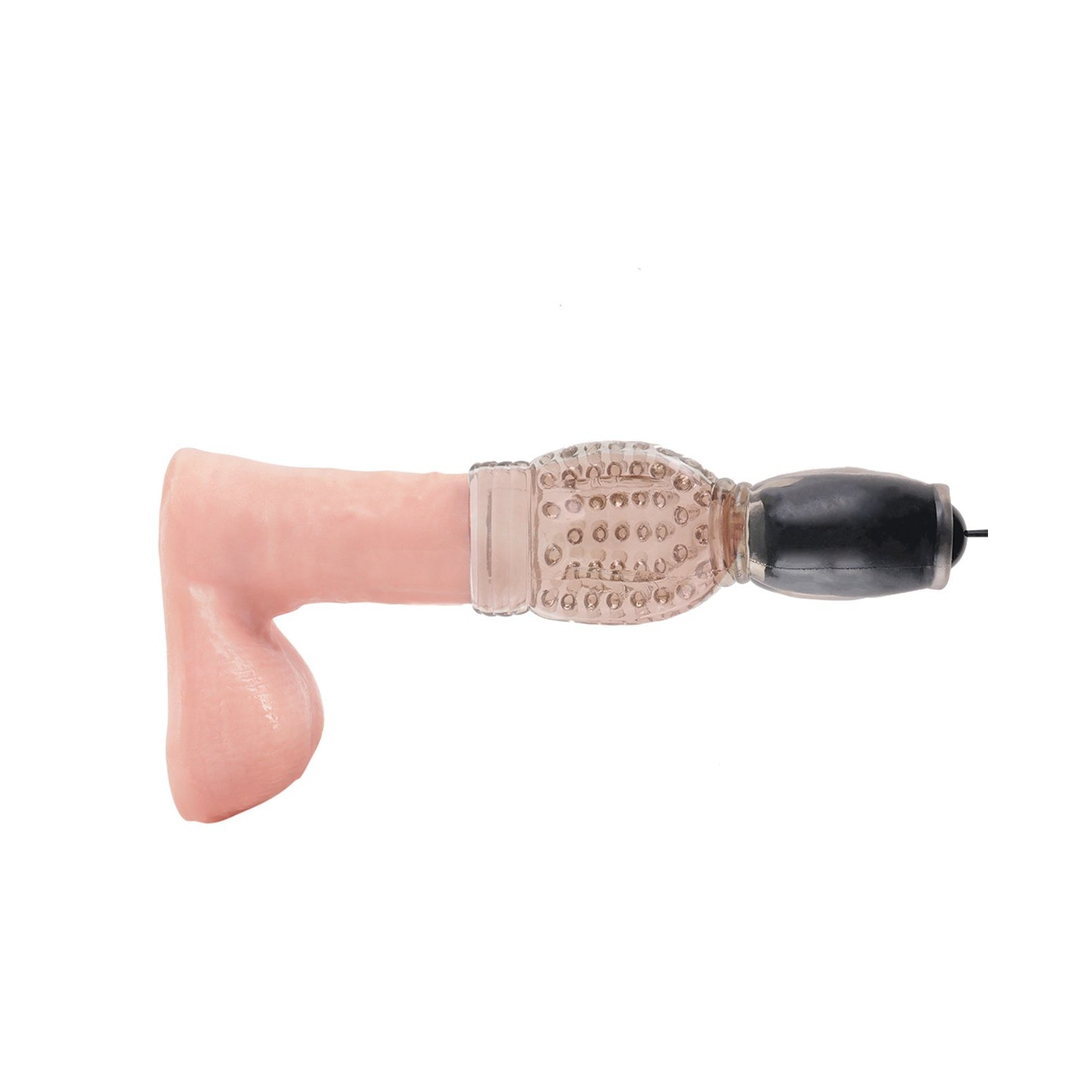 The Pipedream Fetish Fantasy Series Vibrating Head Teazer - Black is a flesh-colored, L-shaped device with a transparent textured component and black cylindrical attachment, designed for a vibrating suction experience, shown on a plain white background.