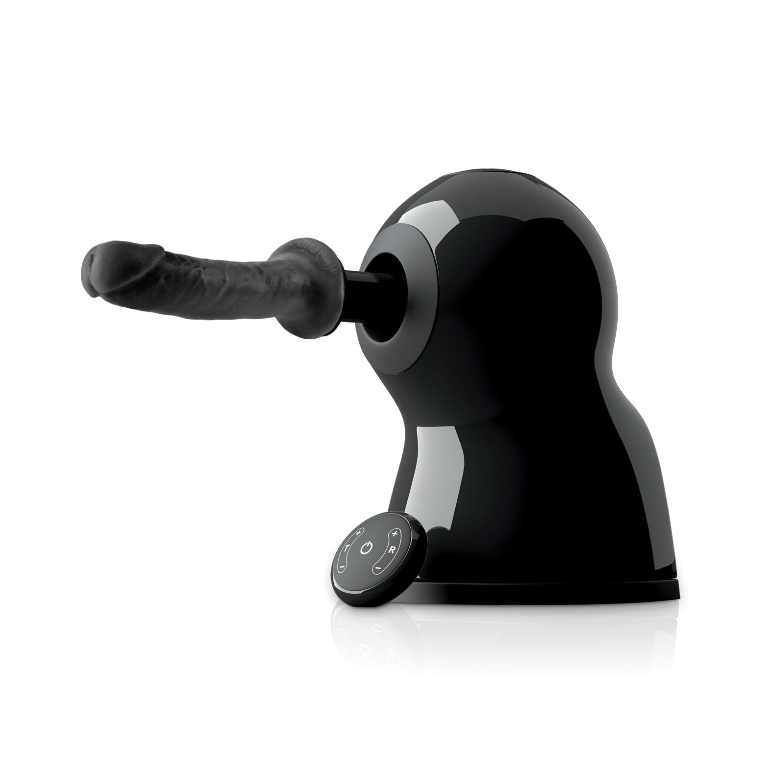 The Fetish Fantasy Series the Bigger Bang Thrusting & Rotating Sex Machine by Adams Toy Box is a sleek black device with a protruding handle featuring Orb-gasm technology. Its glossy design, round control panel, and customizable settings hint at its advanced functionality and blend seamlessly with any space.