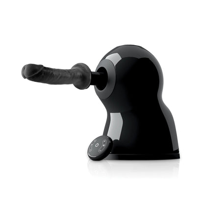 The Fetish Fantasy Series the Bigger Bang Thrusting & Rotating Sex Machine by Adams Toy Box is a sleek black device with a protruding handle featuring Orb-gasm technology. Its glossy design, round control panel, and customizable settings hint at its advanced functionality and blend seamlessly with any space.