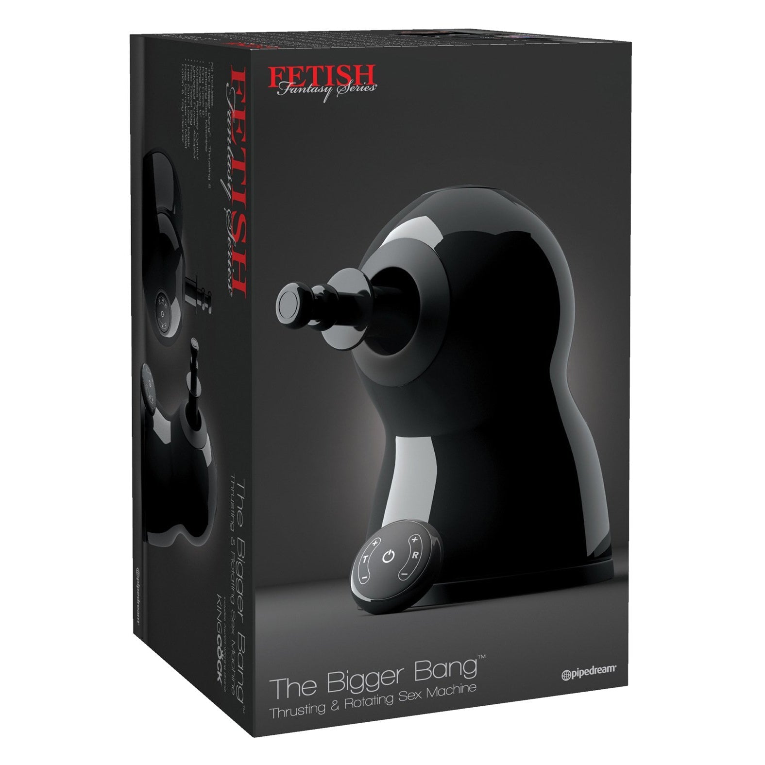 The product box for Fetish Fantasy Series the Bigger Bang Thrusting & Rotating Sex Machine by Adams Toy Box highlights a black sex machine with Orb-gasm technology, featuring an image of the device and its wireless remote, with Fetish Fantasy Series displayed prominently.