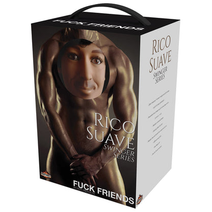 The Adams Toy Box Fuck Friends Rico Suave Swinger Series Doll features a muscular figure with a cartoon-like face, embodying playful allure. It includes a top handle for easy carrying.