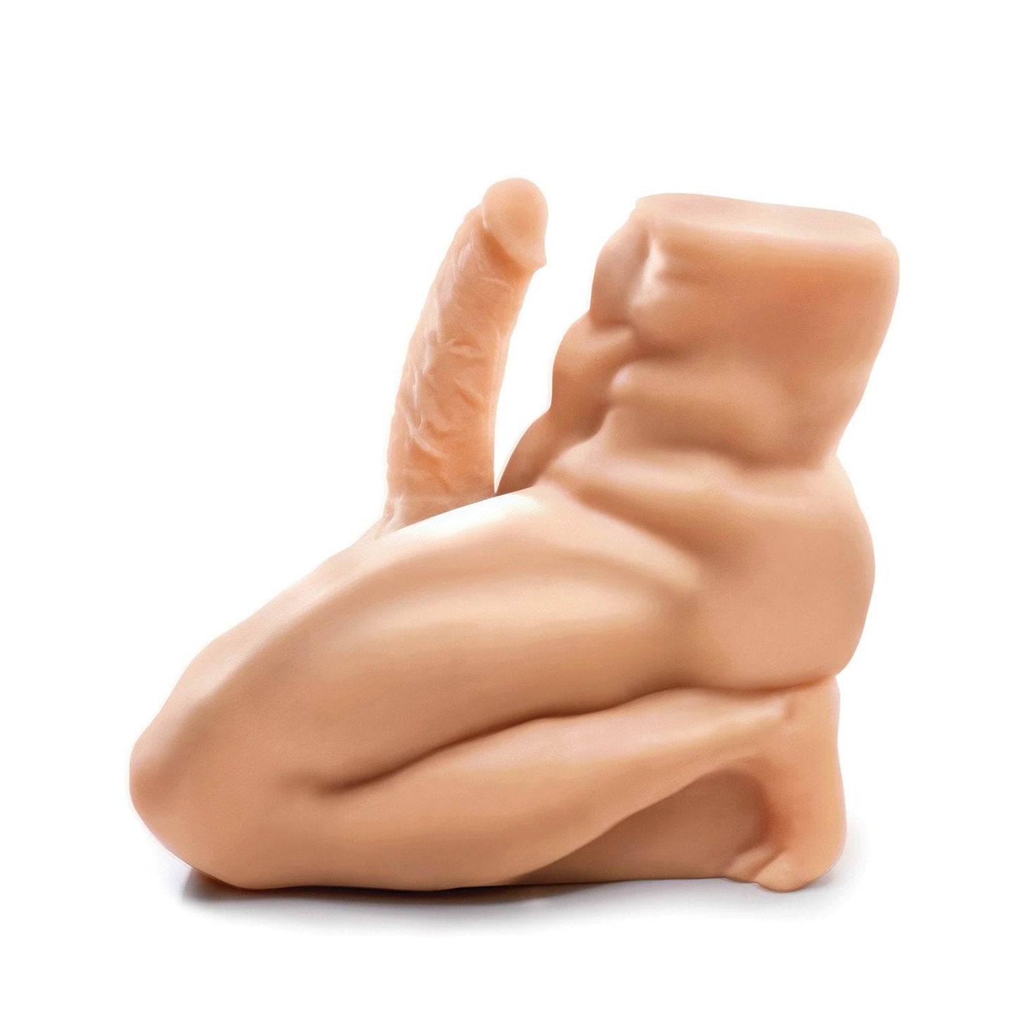 The Fuck Me Silly Man! Male Masturbator and Dildo by Pipedream is a lifelike silicone prosthetic model of a muscular male torso, shown from the side, with detailed anatomical contours, prominent muscles, and a phallic extension crafted from smooth Fanta Flesh.