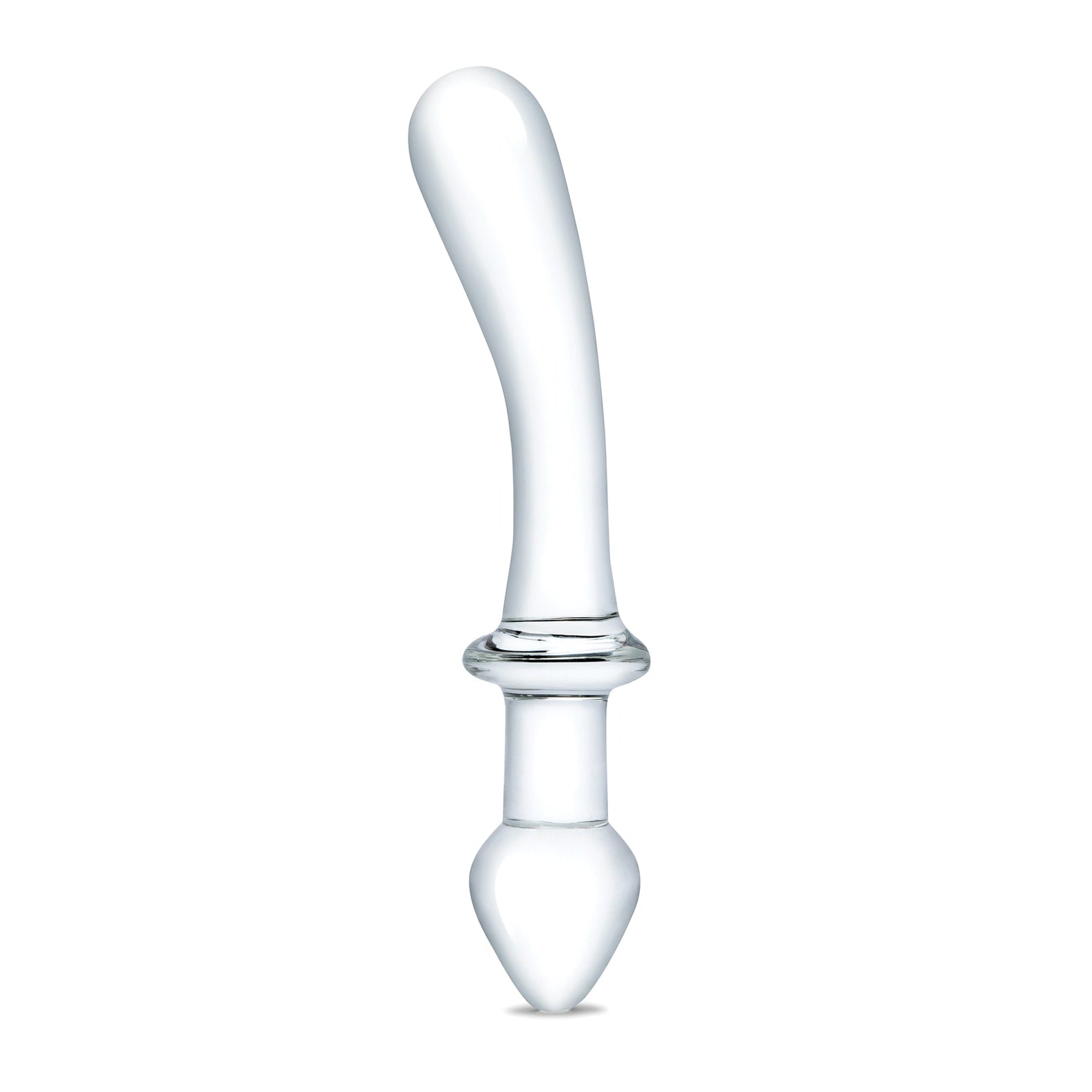 The Gläs 9 Classic Curved Dual Ended Dildo, made from clear glass, showcases a smooth and elongated design with rounded ends for versatile play. This elegant creation is beautifully displayed against a white background.