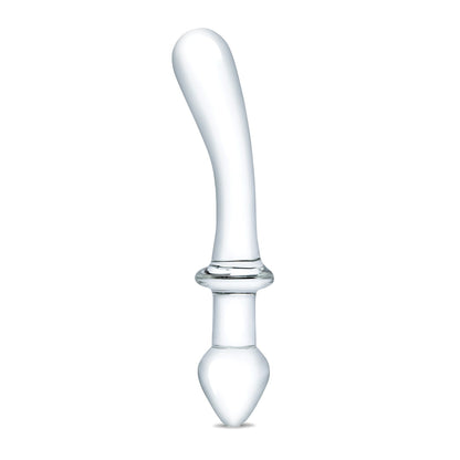 The Gläs 9 Classic Curved Dual Ended Dildo, made from clear glass, showcases a smooth and elongated design with rounded ends for versatile play. This elegant creation is beautifully displayed against a white background.