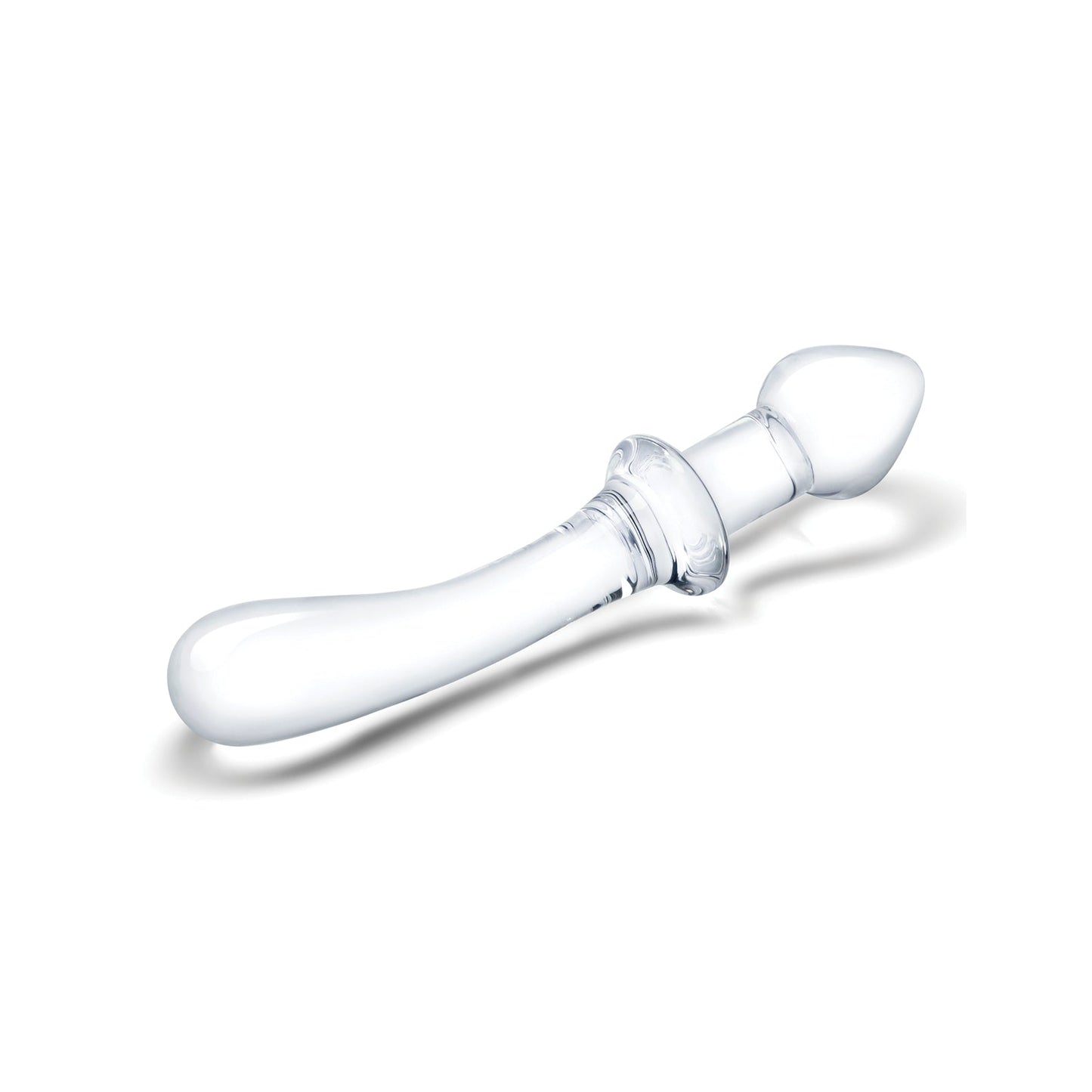 The Gläs 9 Classic Curved Dual Ended Dildo is a transparent glass object featuring a smooth, curved design and rounded tip, with a flared base. It rests on a white background, casting a soft shadow.