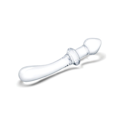 The Gläs 9 Classic Curved Dual Ended Dildo is a transparent glass object featuring a smooth, curved design and rounded tip, with a flared base. It rests on a white background, casting a soft shadow.