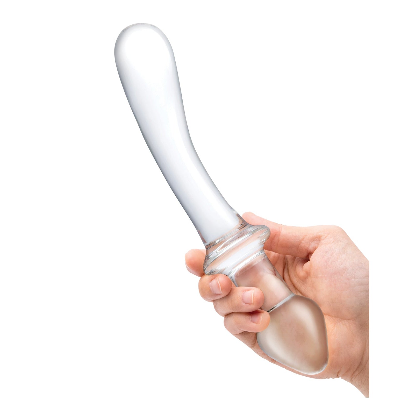 A hand holds a Gläs 9 Classic Curved Dual-Ended Dildo, crafted from clear, smooth glass, against a plain white backdrop, offering versatile enjoyment and refined glass pleasure.