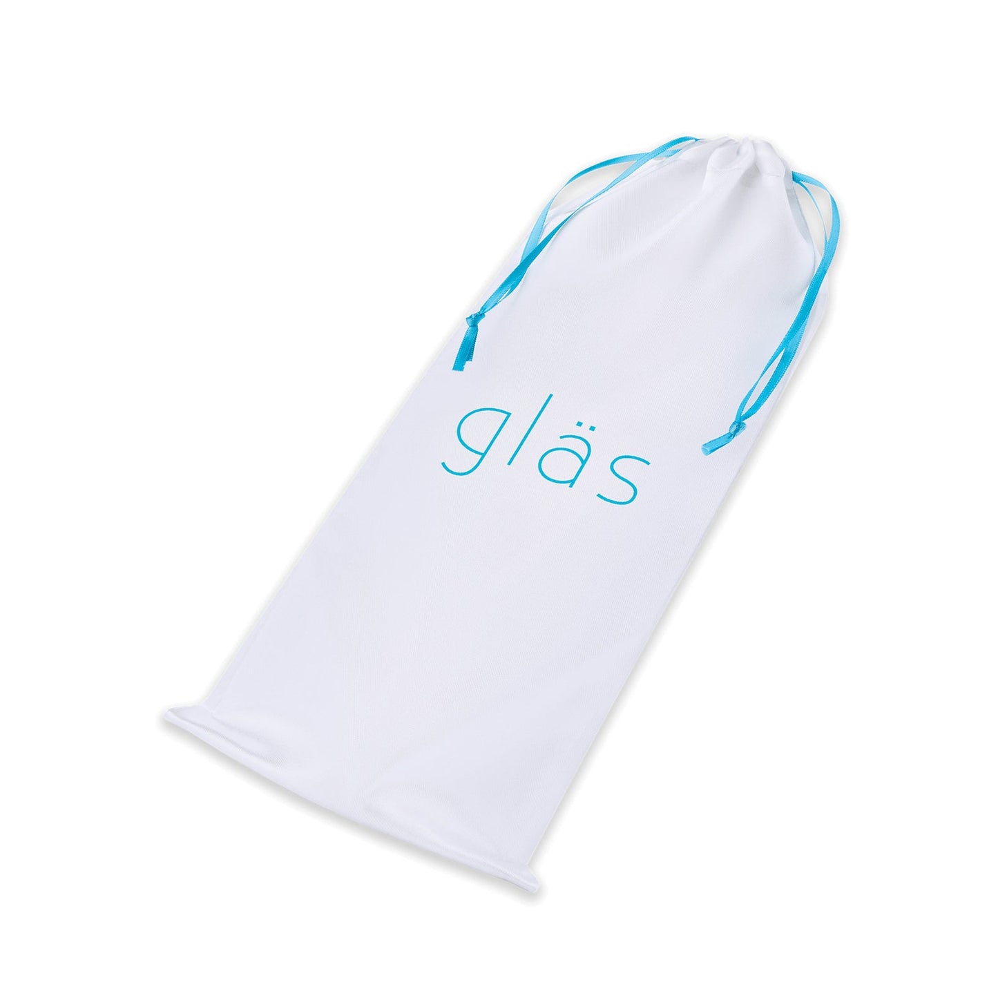 A white drawstring bag with blue ties features Gläs in light blue on the front, suggesting versatile playtime and the pleasure of the Glas 9 Classic Curved Dual Ended Dildo inside.