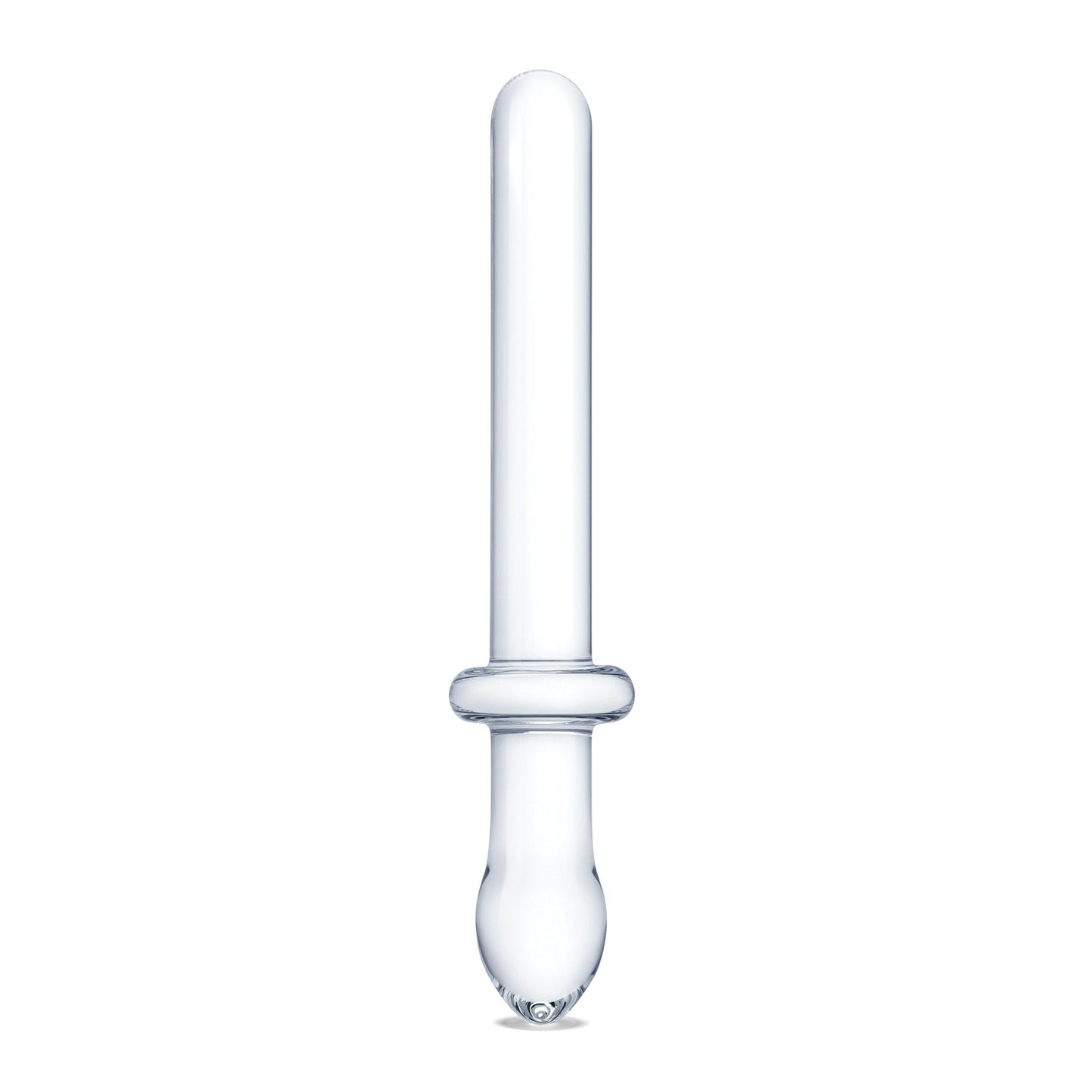 The Gläs 9.25 Classic Smooth Dual Ended Dildo is a clear, glass droplet-shaped item with a long cylindrical body, rounded tip, and ring-like section near the base against a plain white background.