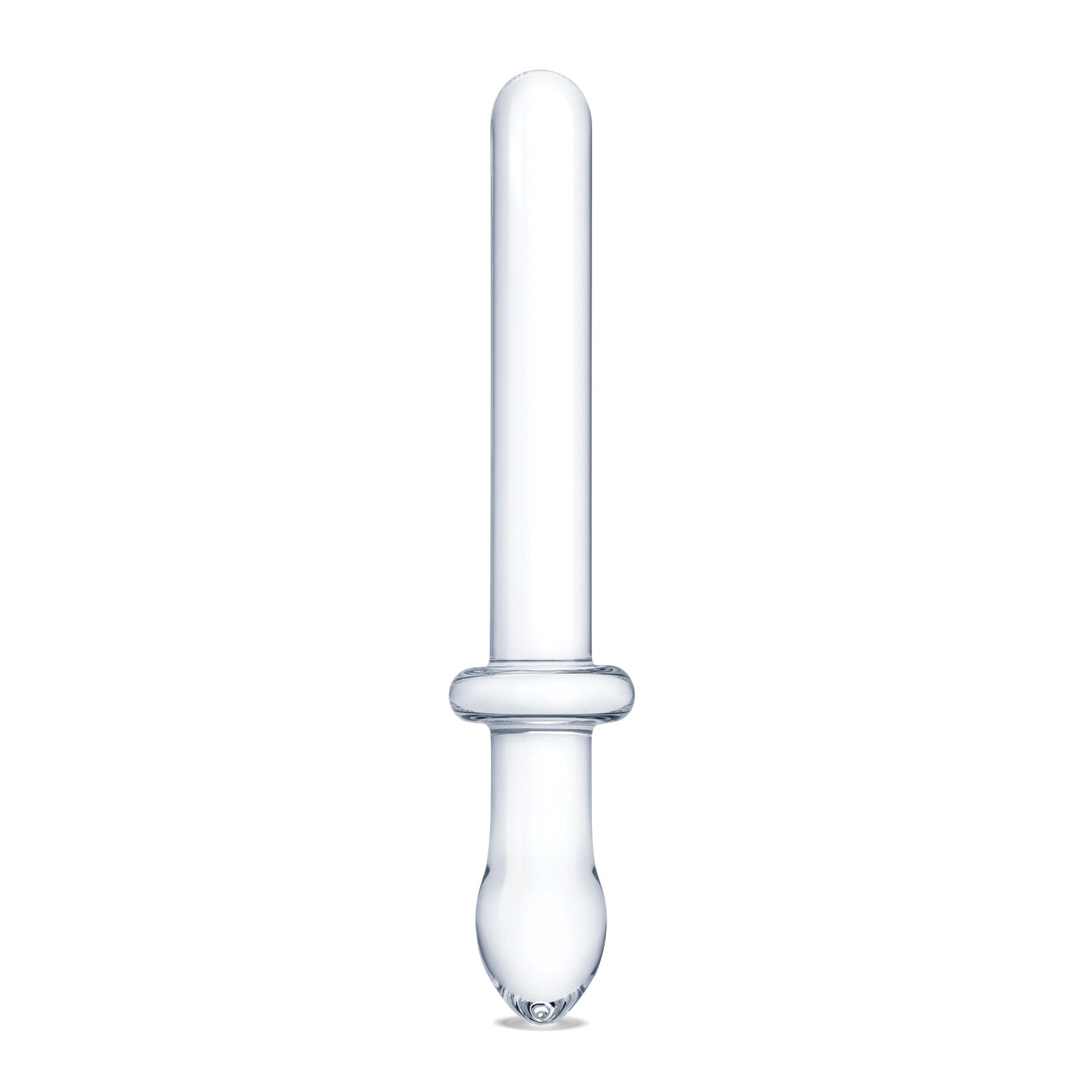 The Gläs 9.25 Classic Smooth Dual Ended Dildo is a clear, glass droplet-shaped item with a long cylindrical body, rounded tip, and ring-like section near the base against a plain white background.