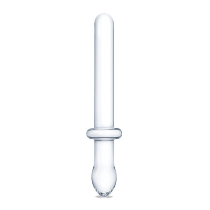 The Gläs 9.25 Classic Smooth Dual Ended Dildo is a clear, glass droplet-shaped item with a long cylindrical body, rounded tip, and ring-like section near the base against a plain white background.