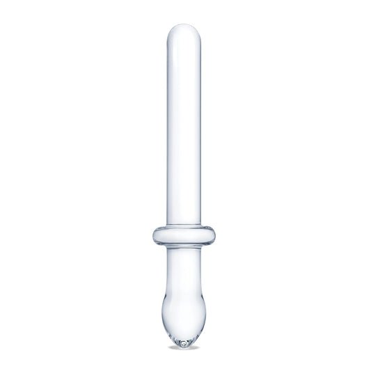 The Gläs 9.25 Classic Smooth Dual Ended Dildo is a clear, glass droplet-shaped item with a long cylindrical body, rounded tip, and ring-like section near the base against a plain white background.