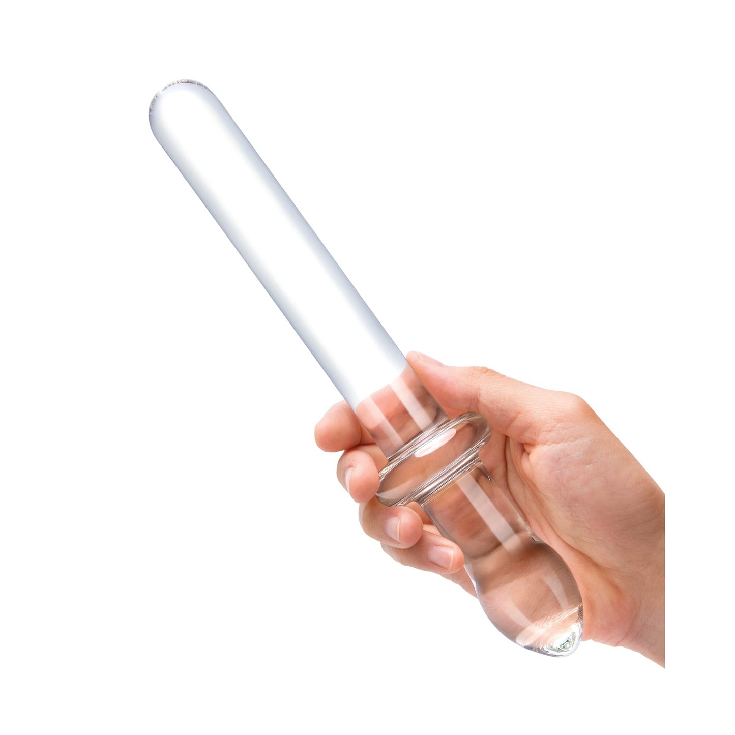 A hand holds the Gläs 9.25 Classic Smooth Dual Ended Dildo, featuring a transparent, light-reflecting glass design. One end is smooth and rounded, while the other widens with a small flange, highlighting its body-friendly and versatile dual-ended form.