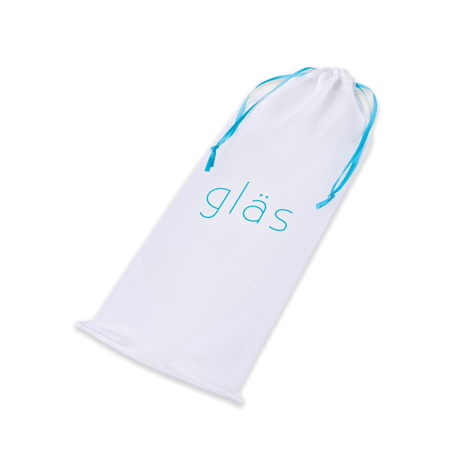 A white drawstring bag with blue strings and Gläs printed in blue on the front is perfect for storing your Glas 9.25 Classic Smooth Dual Ended Dildo. Its displayed flat against a plain background.