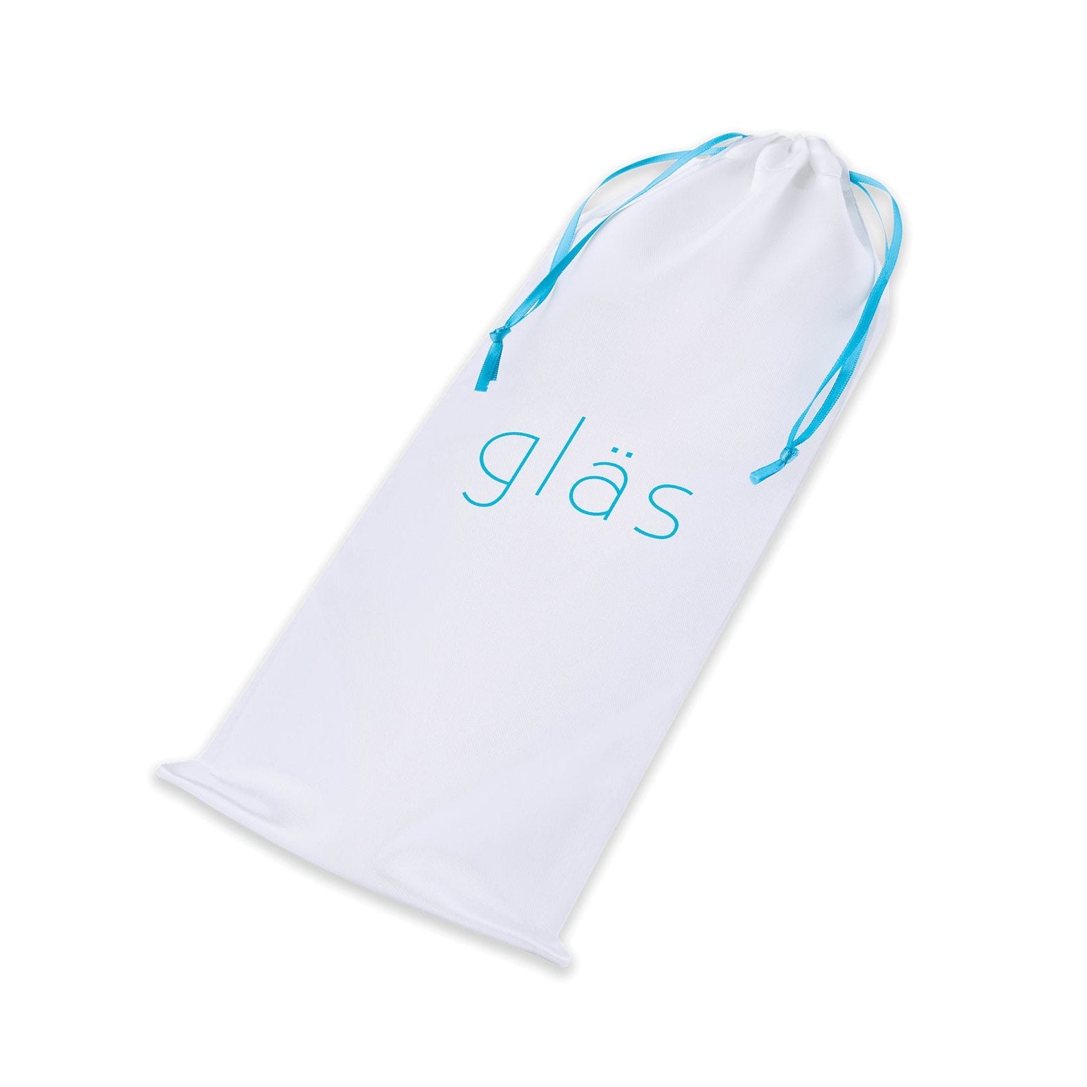 A white drawstring pouch with blue strings and Gläs in blue on the front, ideal for storing your Glas Pleasure Droplets Anal Training Kit or glass butt plug. Its slightly tapered at the top for secure closure.