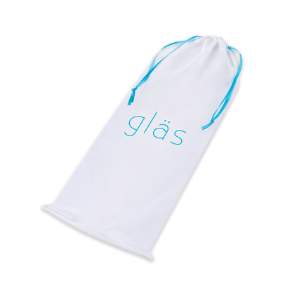 A white drawstring pouch with blue strings and Gläs in blue on the front, ideal for storing your Glas Pleasure Droplets Anal Training Kit or glass butt plug. Its slightly tapered at the top for secure closure.