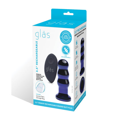 Packaging for the Glas 3.5 Rechargeable Vibrating Beaded Butt Plug includes a product image and features like a luxury satin storage bag and a 5-year warranty. Ideal for beginners exploring anal toys, it comes with a remote control.