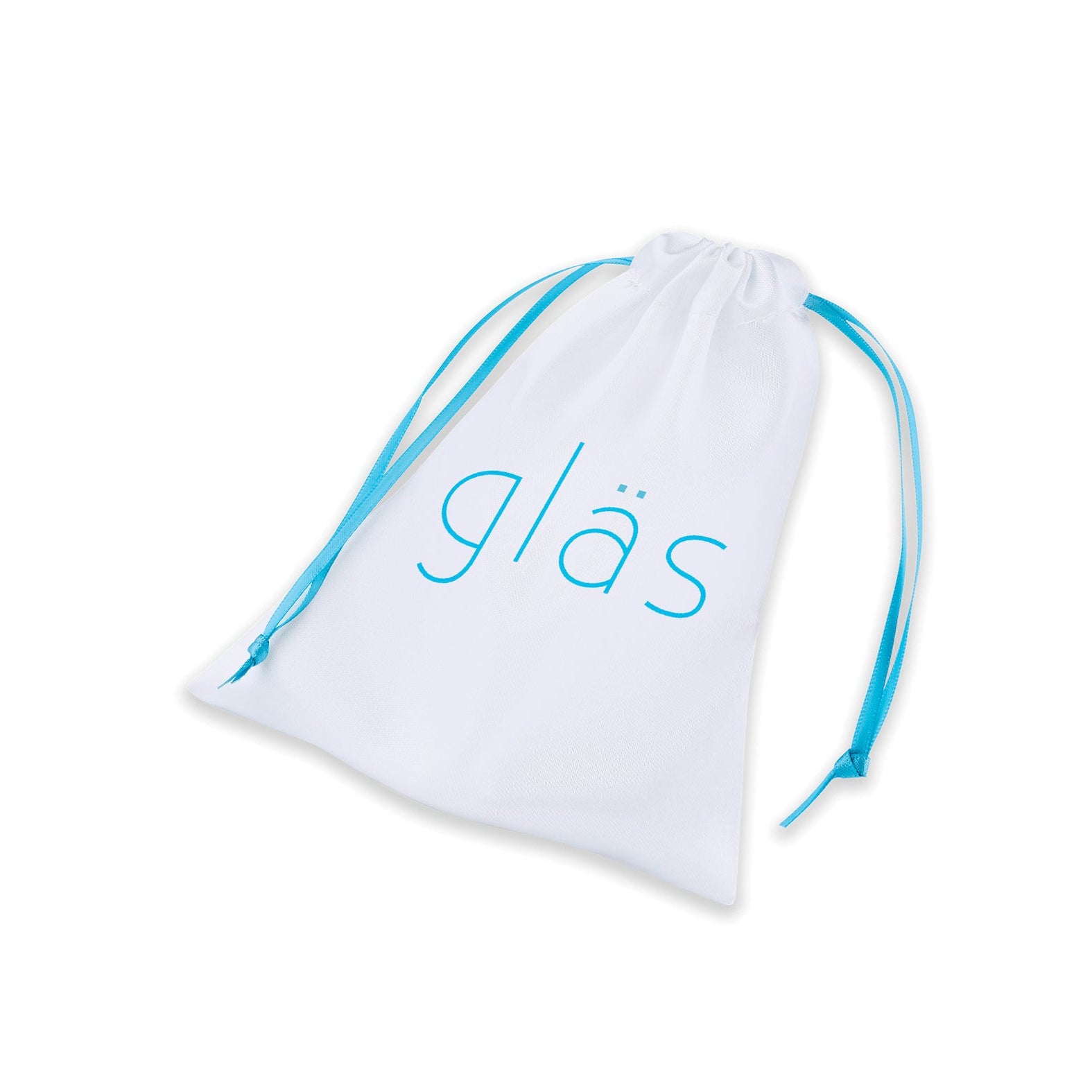 A white drawstring bag with blue strings and Gläs in blue on the front, ideal for discreetly storing your Glas 3.5 Rechargeable Vibrating Beaded Butt Plug.