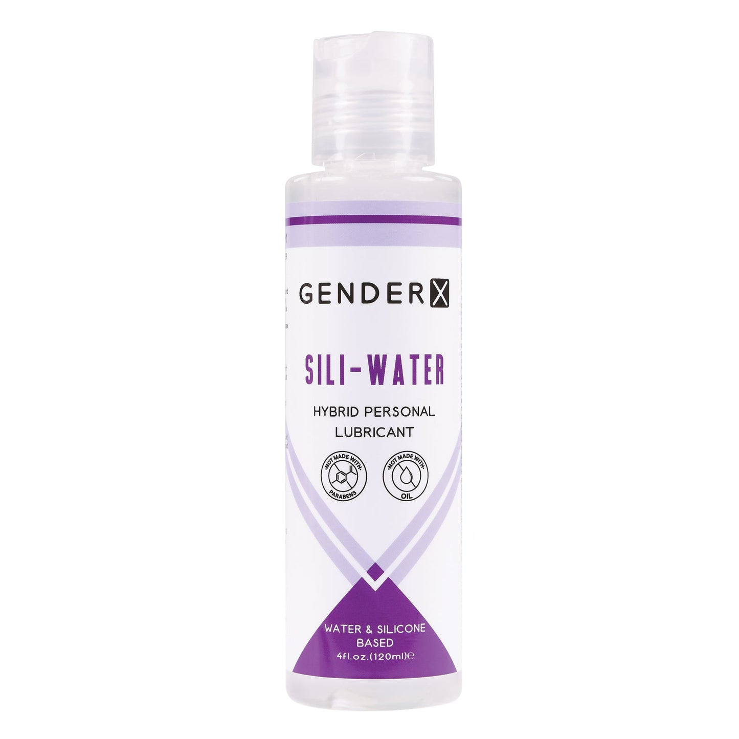 Image of a clear 4 fl. oz. (120 ml) bottle labeled Gender X Sili-Water by Gender X. This water-silicone hybrid lubricant is hypoallergenic, long-lasting, and suitable for penile, anal, and vaginal use. It features purple accents and condom compatibility icons.