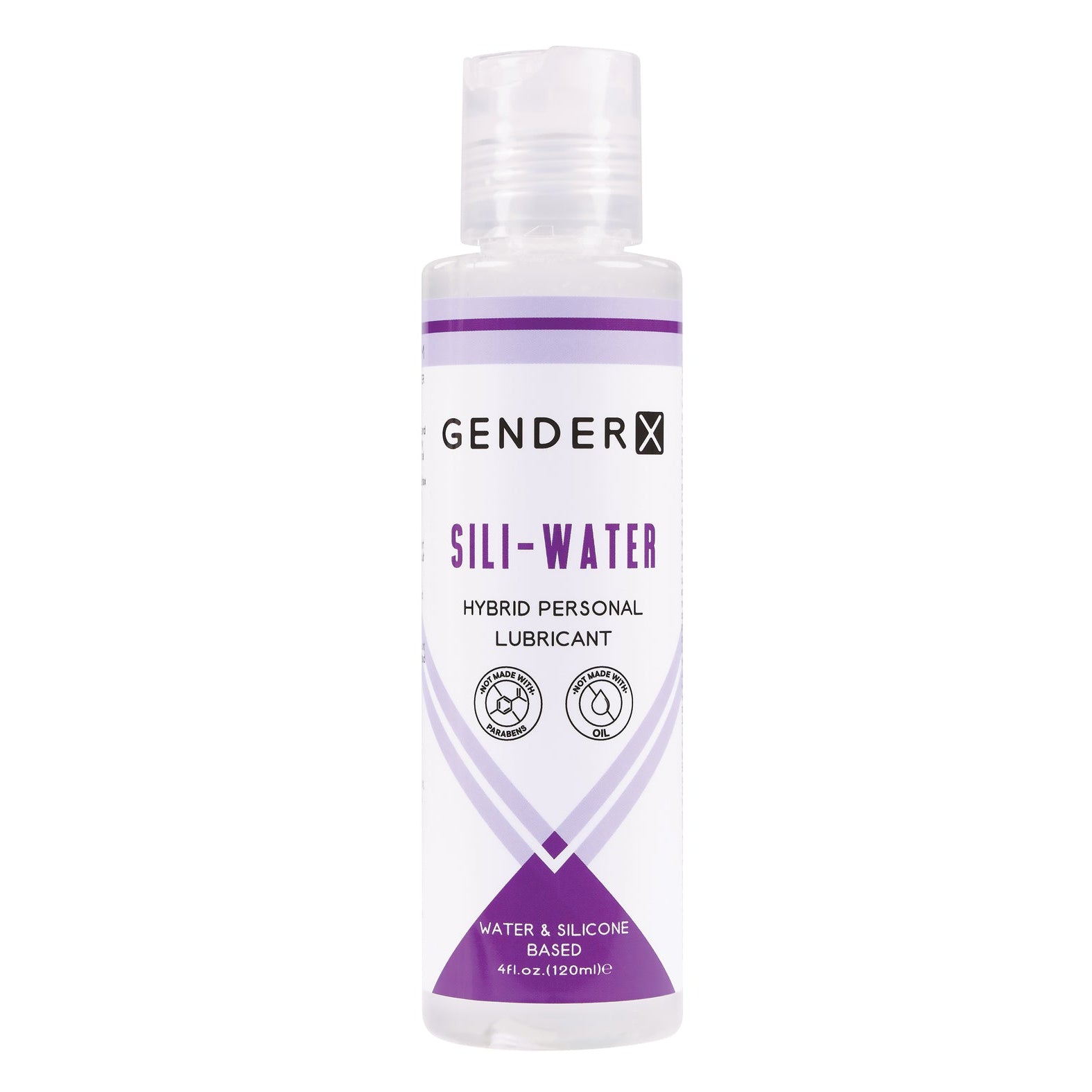 Image of a clear 4 fl. oz. (120 ml) bottle labeled Gender X Sili-Water by Gender X. This water-silicone hybrid lubricant is hypoallergenic, long-lasting, and suitable for penile, anal, and vaginal use. It features purple accents and condom compatibility icons.