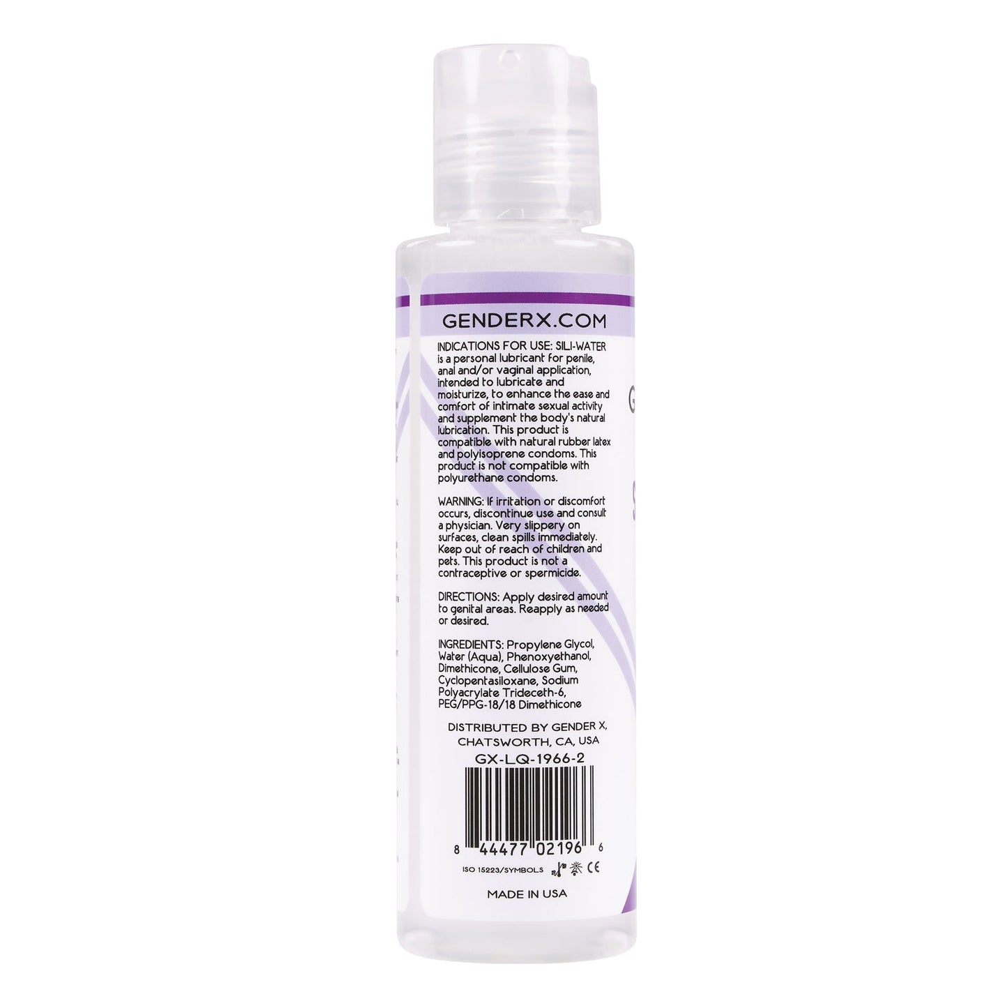 The Gender X Sili-Water personal lubricant comes in a clear bottle with a purple design and includes a back label detailing ingredients and usage instructions. Its compatible with condoms, suitable for penile, anal, and vaginal use, and has a barcode at the bottom.