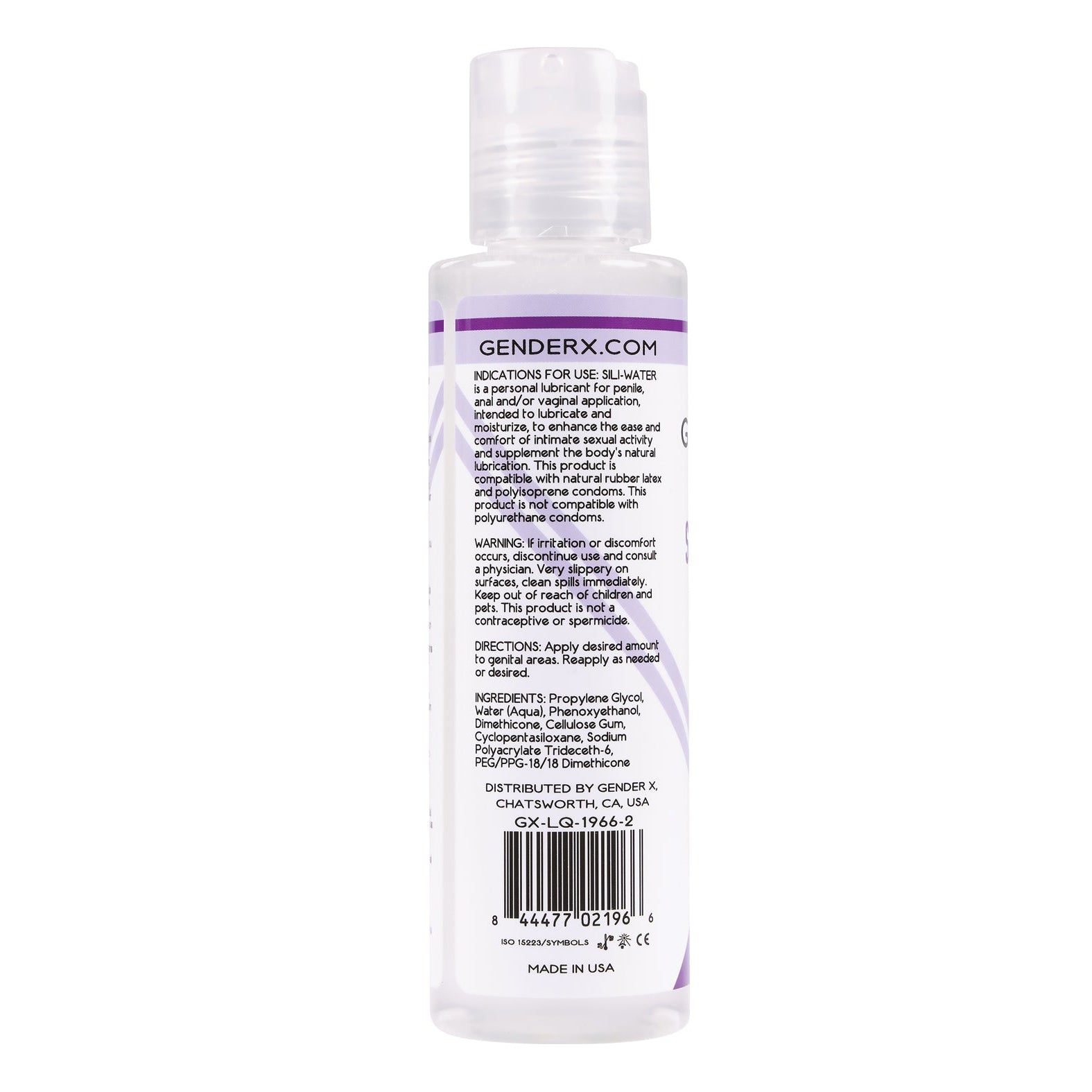 The Gender X Sili-Water personal lubricant comes in a clear bottle with a purple design and includes a back label detailing ingredients and usage instructions. Its compatible with condoms, suitable for penile, anal, and vaginal use, and has a barcode at the bottom.