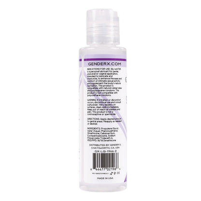 The Gender X Sili-Water personal lubricant comes in a clear bottle with a purple design and includes a back label detailing ingredients and usage instructions. Its compatible with condoms, suitable for penile, anal, and vaginal use, and has a barcode at the bottom.
