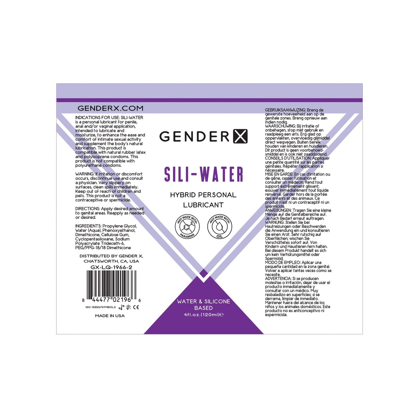 The Gender X Sili-Water Hybrid Personal Lubricant label, made in the USA and containing a 4 fl. oz. (120 mL) volume, details its condom compatibility, usage instructions, warnings, and highlights its unique water-silicone formula suitable for penile, anal, or vaginal use.