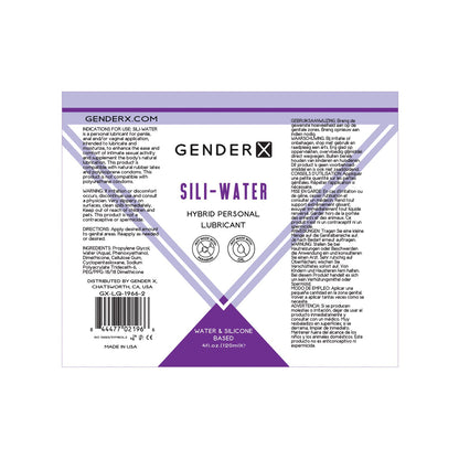 The Gender X Sili-Water Hybrid Personal Lubricant label, made in the USA and containing a 4 fl. oz. (120 mL) volume, details its condom compatibility, usage instructions, warnings, and highlights its unique water-silicone formula suitable for penile, anal, or vaginal use.
