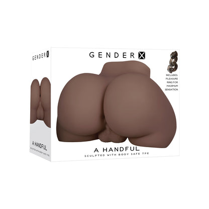 The packaging of the Gender X A Handful features a sculpted, body-safe TPE stroker and waterproof pleasure rings for an enhanced experience.