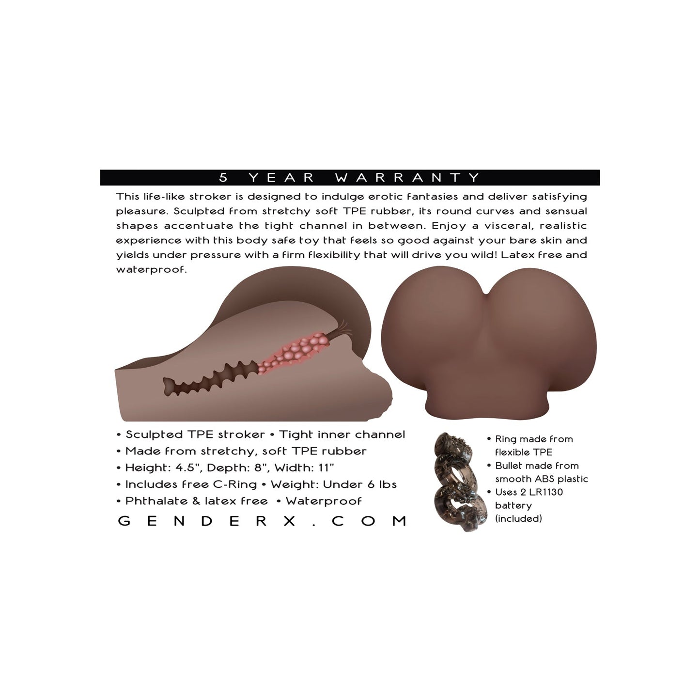 Introducing the Gender X A Handful stroker by Gender X: a realistic pleasure toy made from stretchy TPE rubber, phthalate and latex-free. It features a sculpted inner channel, flexible ring, 5-year warranty, and is waterproof. Batteries included for endless enjoyment.