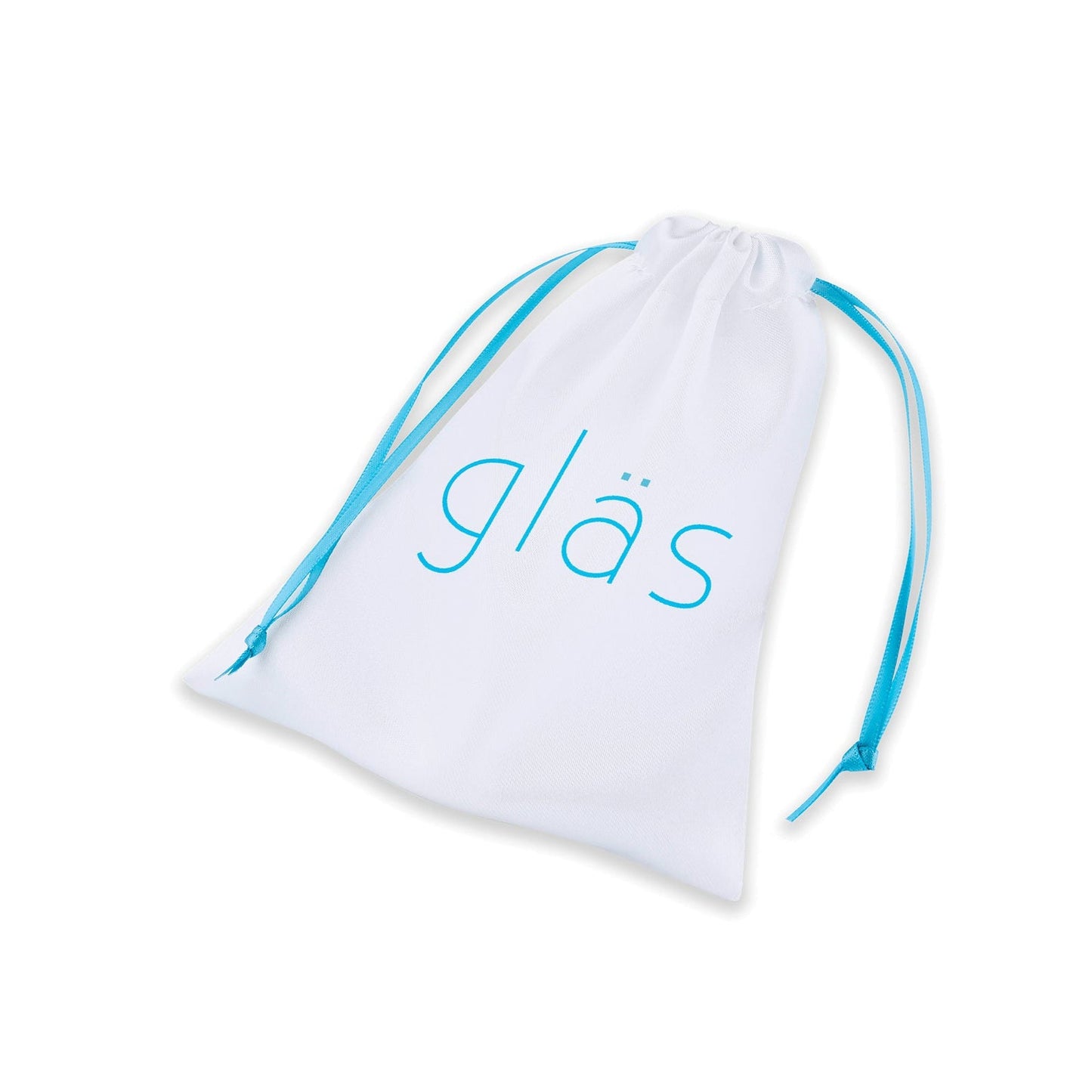 A white drawstring bag with blue strings, featuring the Gläs logo in sleek blue lettering, is perfect for storing your Galileo Glass Butt Plug by Gläs.