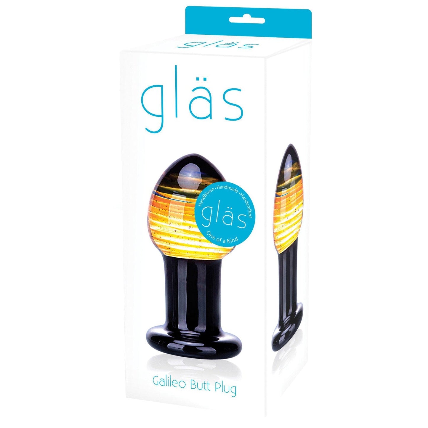The packaging features a beautiful Galileo Glass Butt Plug with a rounded, striped orange and black design. Made from premium pyrex glass, the box prominently displays the brand name Gläs.