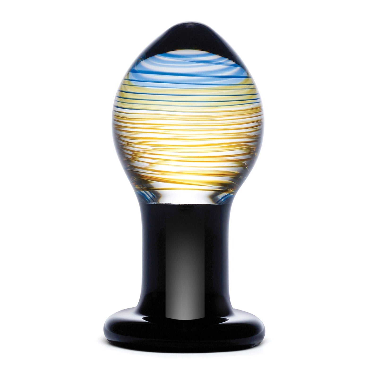 The Galileo Glass Butt Plug by Gläs, crafted from Pyrex glass, has a bulbous top and flat base. Its swirling blue and yellow patterns form stripes inside the clear glass, while the solid black base provides a stark contrast to the colorful top, showcasing exquisite craftsmanship.
