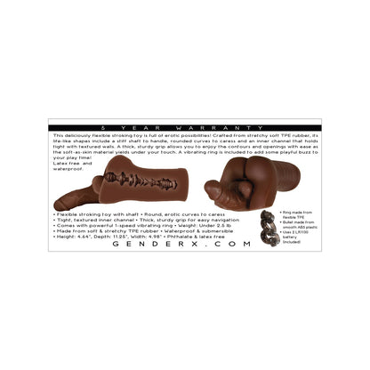 The Gender X Backdoor Bash Stroker is a brown, flexible stroking toy with a rounded, ribbed design. It offers a 5-year warranty, compatibility with vibrating rings, is latex-free, waterproof, and made from stretchable TPE rubber for enhanced pleasure.