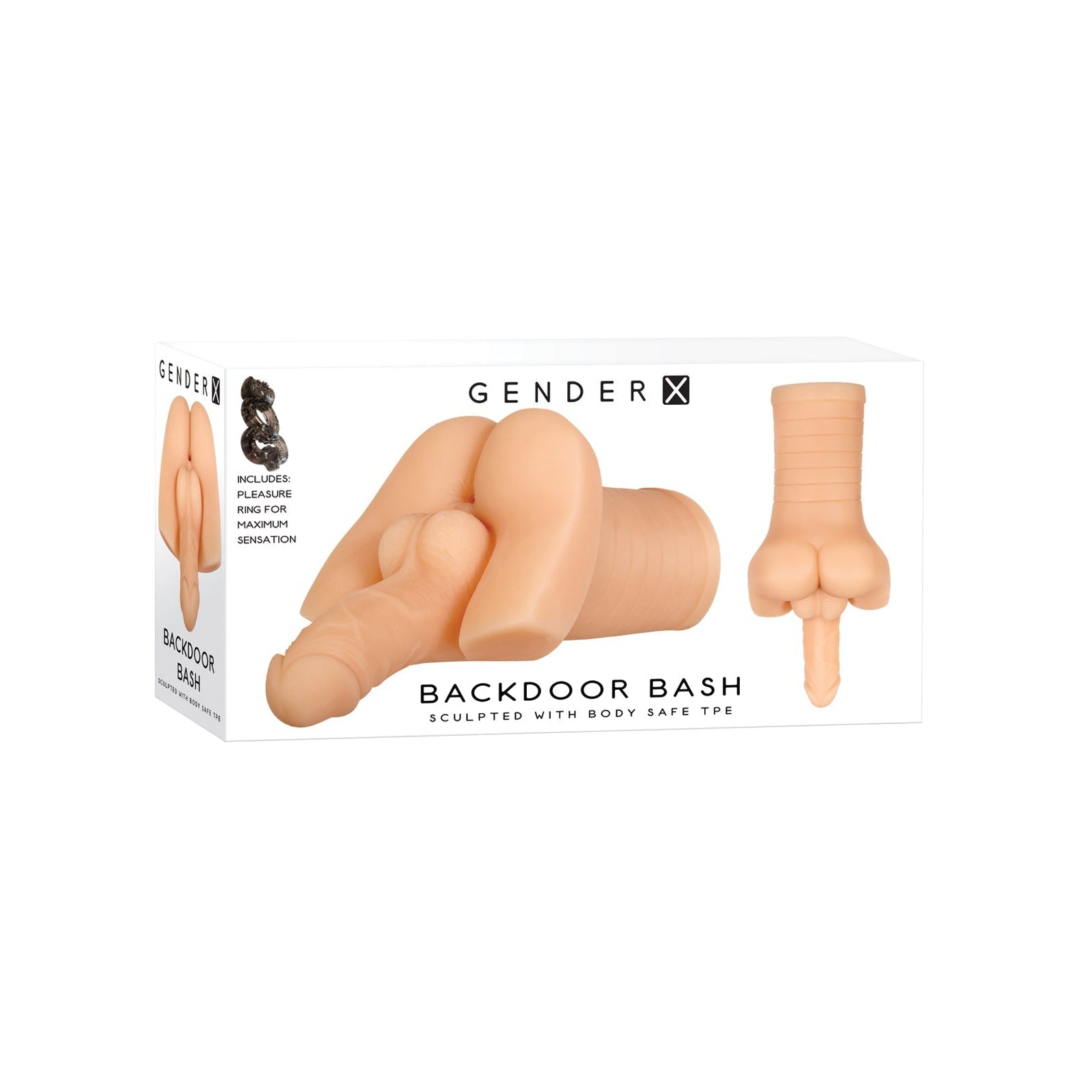The Gender X Backdoor Bash Stroker packaging features a sleek beige adult toy, highlighting its sculpted design made from body-safe TPE rubber with images for an enticing presentation.
