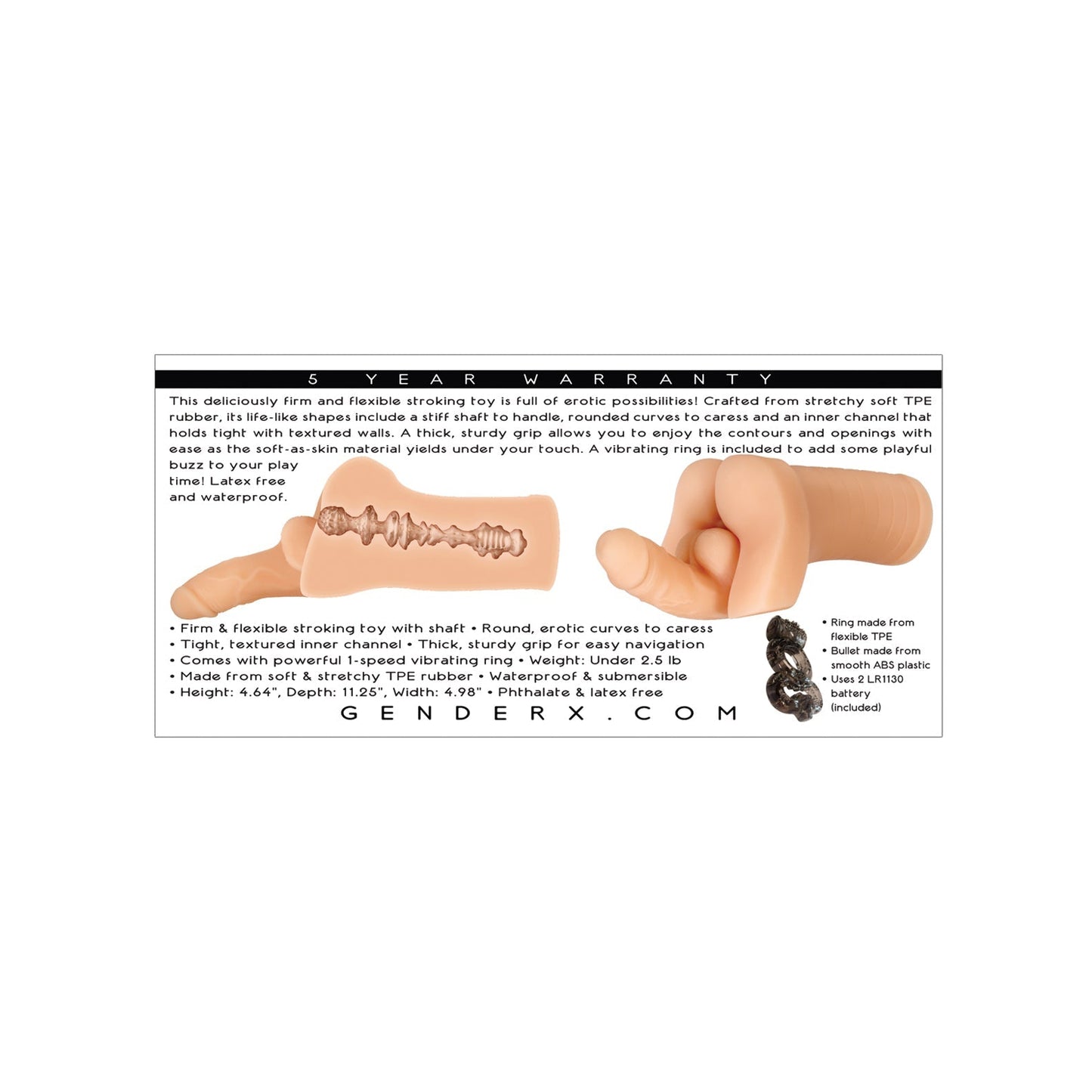 Image of the Gender X Backdoor Bash Stroker, a flexible toy with realistic texture made from soft TPE rubber. It includes a vibrating ring for added pleasure, features various dimensions, and is backed by a six-year warranty and extra seals to ensure safety and quality.