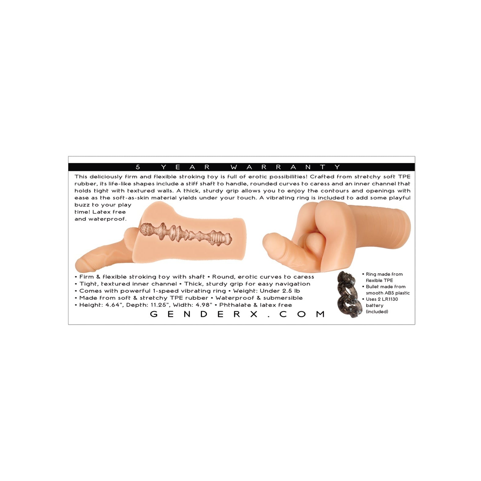 Image of the Gender X Backdoor Bash Stroker, a flexible toy with realistic texture made from soft TPE rubber. It includes a vibrating ring for added pleasure, features various dimensions, and is backed by a six-year warranty and extra seals to ensure safety and quality.