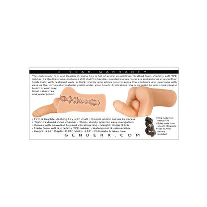 Image of the Gender X Backdoor Bash Stroker, a flexible toy with realistic texture made from soft TPE rubber. It includes a vibrating ring for added pleasure, features various dimensions, and is backed by a six-year warranty and extra seals to ensure safety and quality.