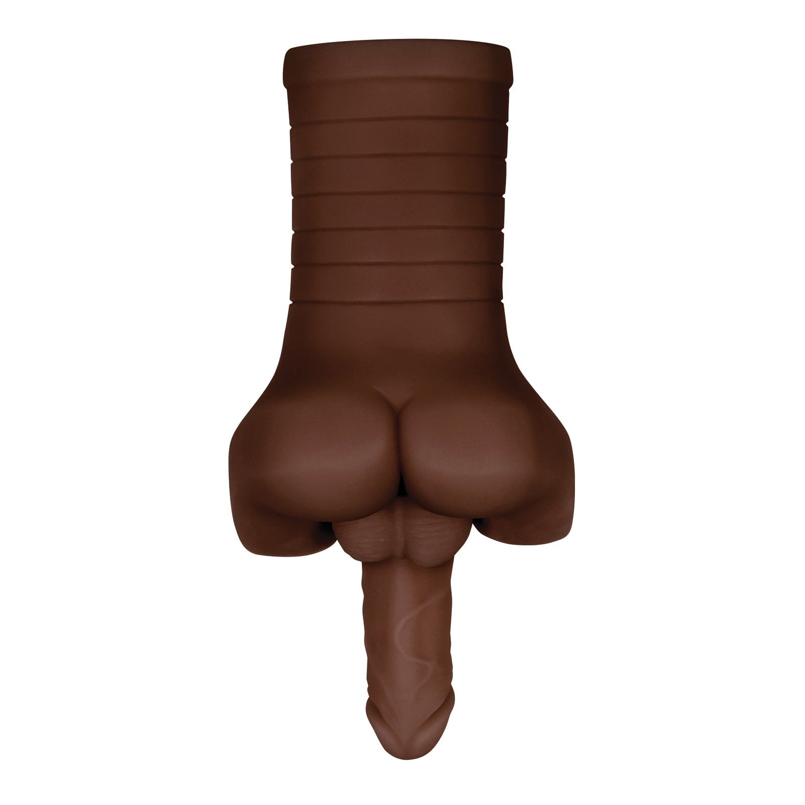 The image features the Gender X Backdoor Bash Stroker, a chocolate sculpture shaped like an upside-down ice cream cone with torso-like ridges, blending abstract design and playful elegance. Its intriguing form and TPE rubber-like textures invite visual and tactile curiosity.